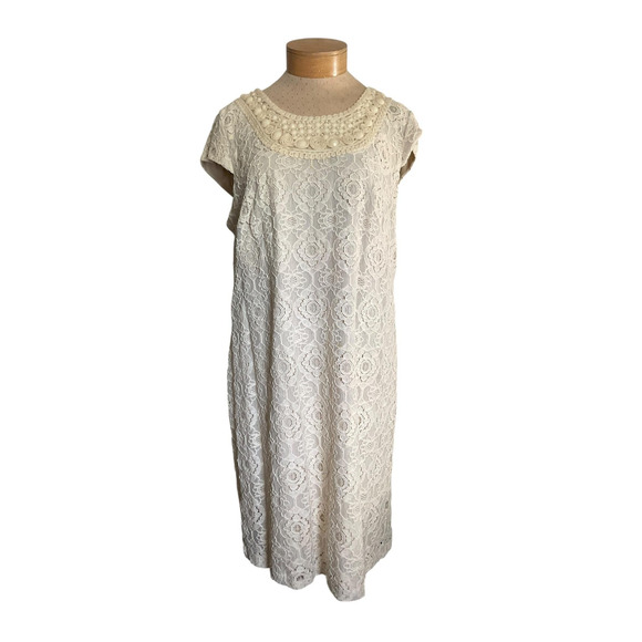 Studio I Womens 18W Cream Lace Dress Sheath Beaded Neck Short Sleeve Lined - Picture 1 of 11